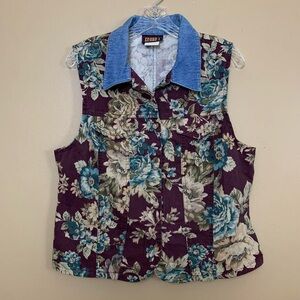 VTG Faded Glory Womens Large Burgundy Floral Denim Grunge 90s USA Nostalgia Top